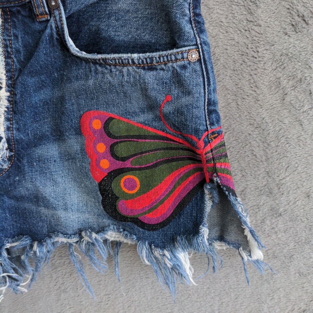 We The Free Denim Shorts Womens 29 Blue Butterfly Graphic Distressed Cut Off - Picture 3 of 10